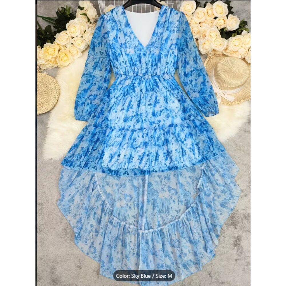 Boho Blue Floral High-Low Maxi Dress (M) – Offers Welcome! - Picture 4 of 4